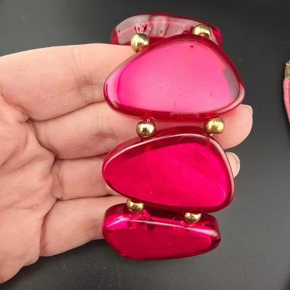 Resin/Lucite Pink Necklace Bracelet & Earrings Jewelry Set BOLD Statement - Picture 6 of 11